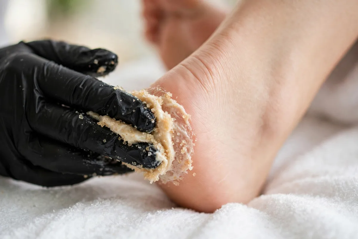 Exfoliating scrub being worked over heels and soles — pedicure step 2