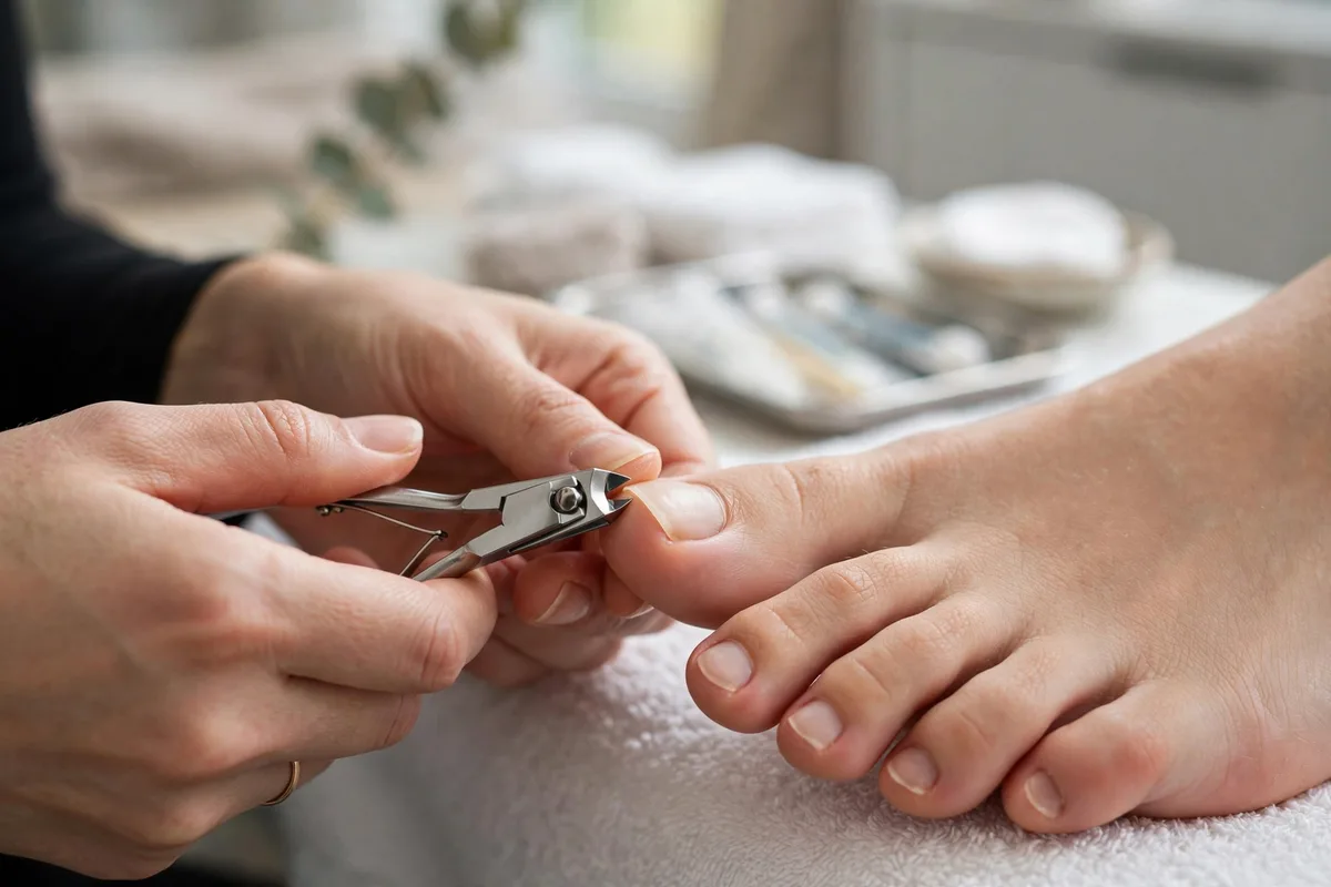 Toenails being trimmed straight across and filed smooth — pedicure step 3
