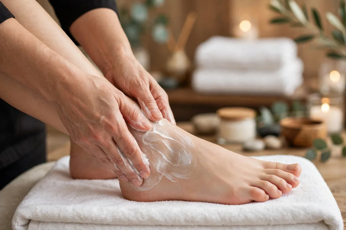 Foot and lower leg massage with moisturizing cream — pedicure step 6