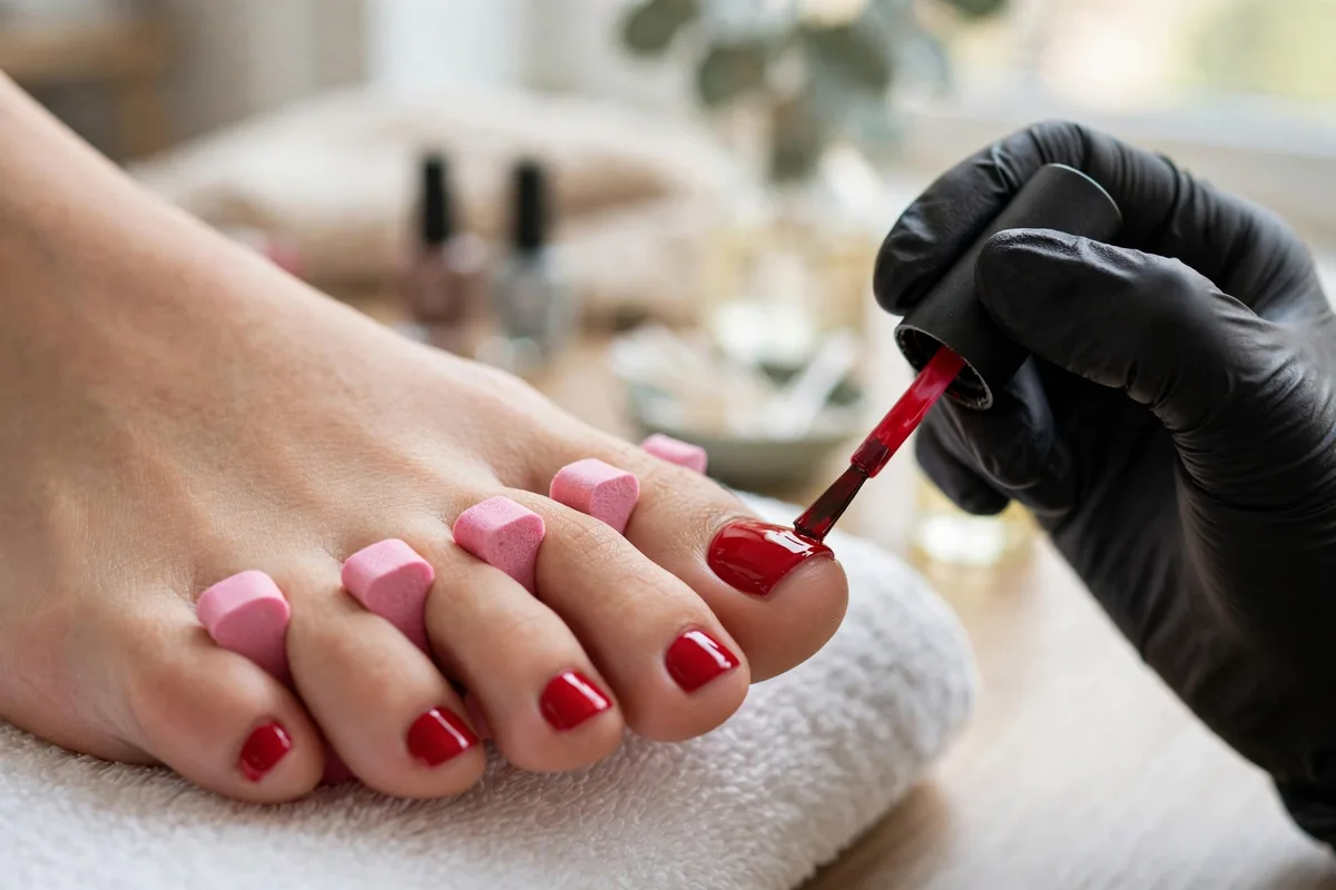 Glossy red polish being applied to finished toenails — pedicure step 7