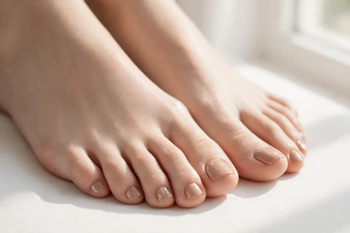 Classic pedicure — toenails trimmed and shaped with glossy nude polish on smooth feet