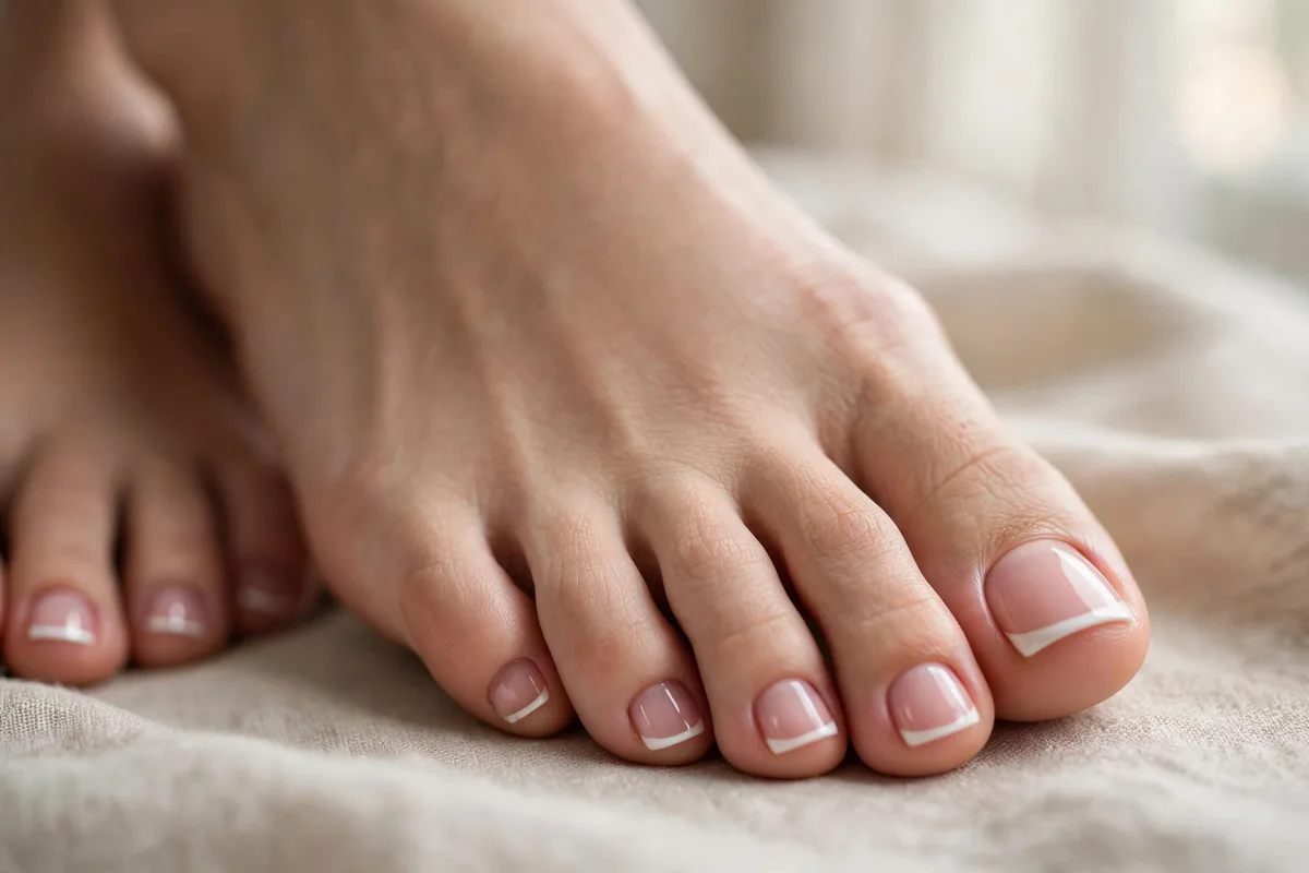 French pedicure — elegant white tips over sheer pink base on perfectly shaped toenails
