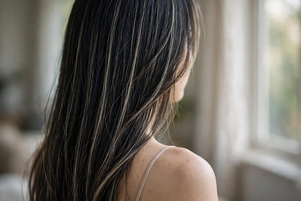 Winter Hair Color Ideas: 20+ Stunning Shades for 2026 16 Midnight black hair with ashy babylights — black base with fine cool blonde highlights