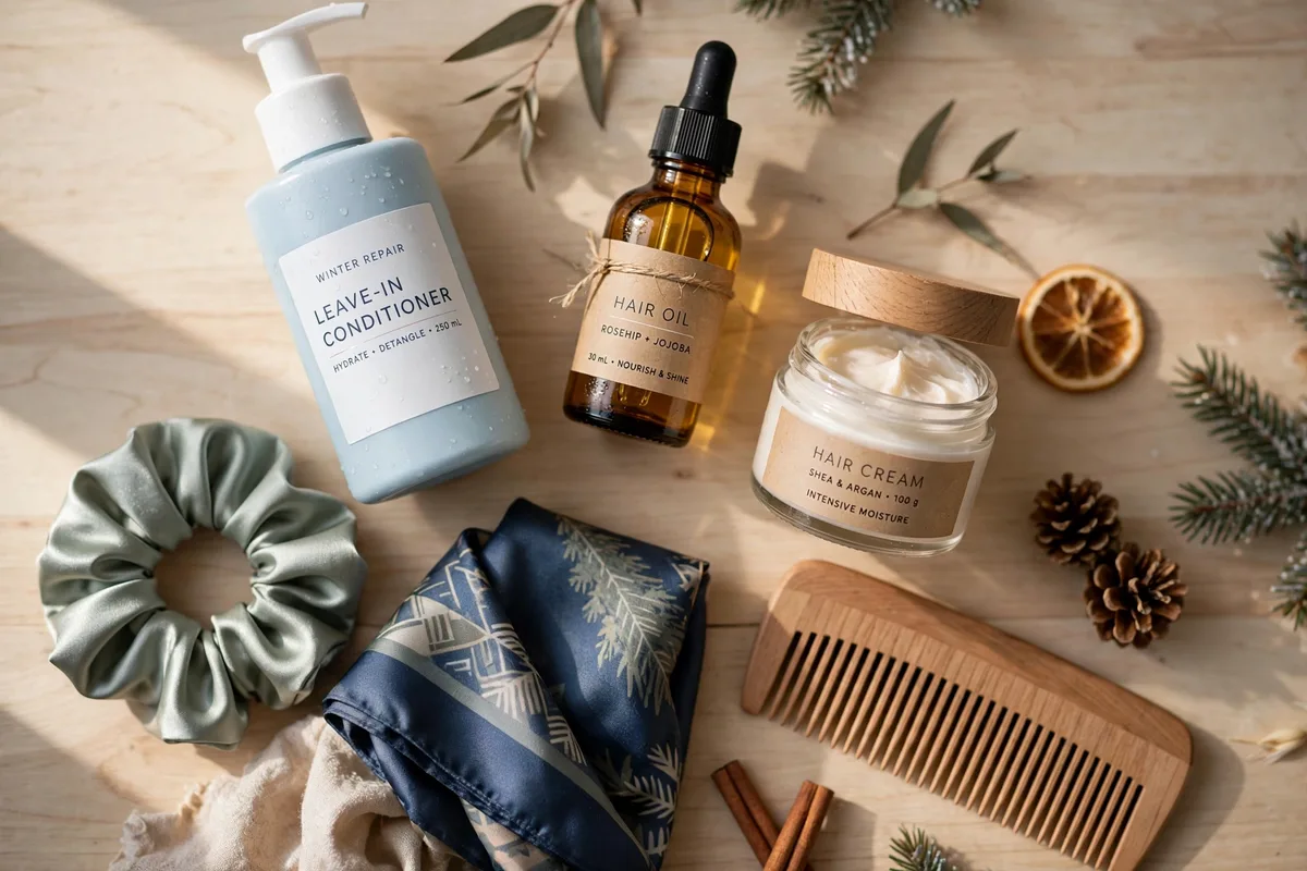 Winter hair care kit: leave-in conditioner, hair oil, hair cream, wooden comb, satin scrunchie and silk scarf