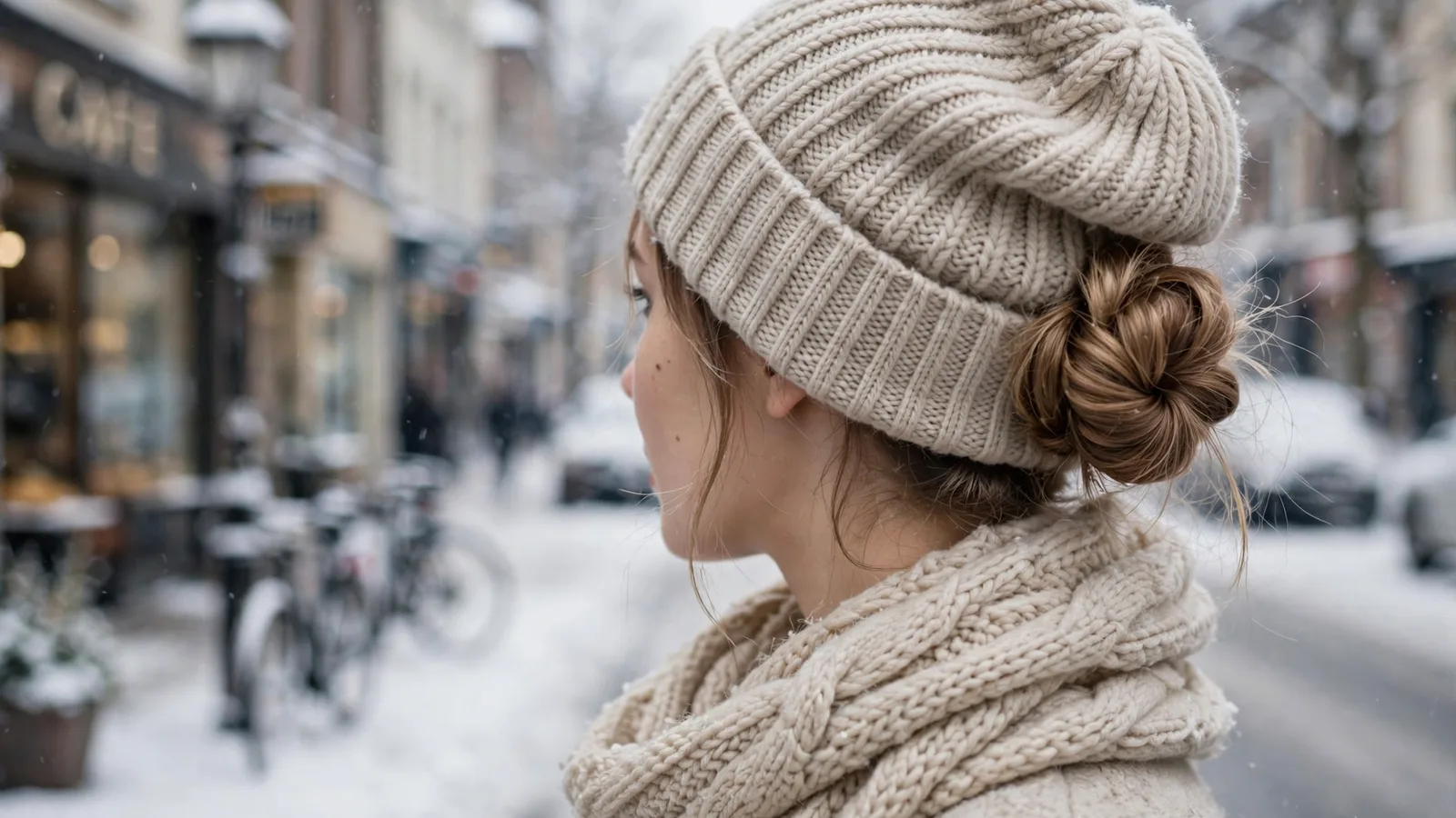 Winter hairstyles for cold days — woman in a knit beanie with a low twisted bun on a snowy street