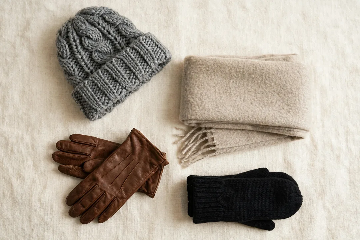 Winter accessories flat lay — wool beanie, knit scarf, leather gloves and mittens for layering in cold weather