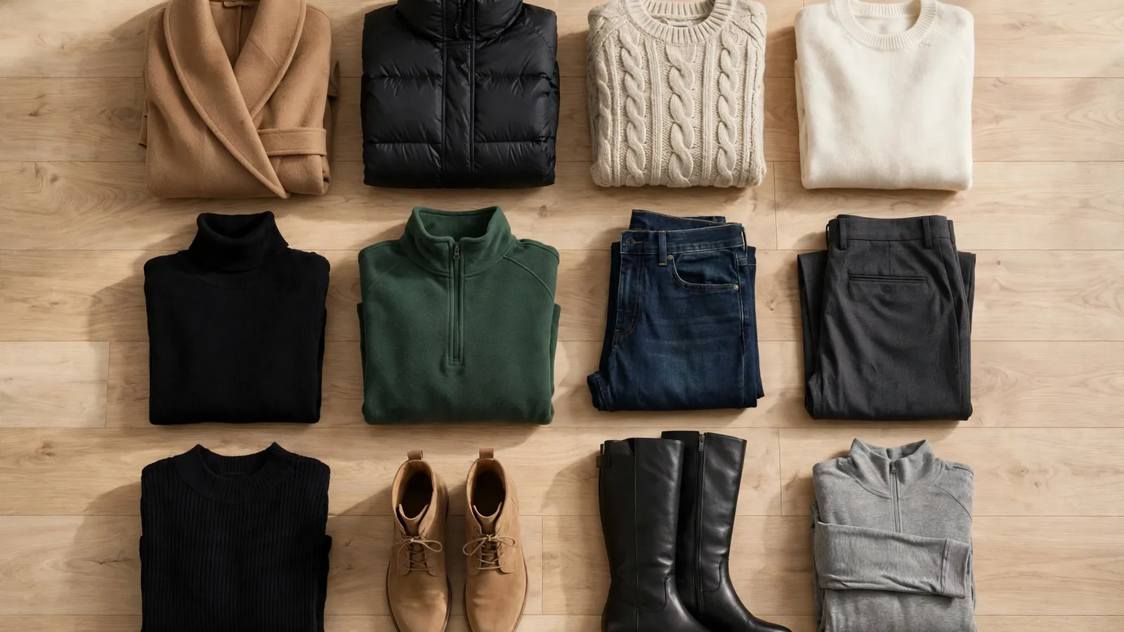 Winter outfits capsule system — 12-piece wardrobe flat lay with camel wool coat, black puffer, knits, jeans and boots