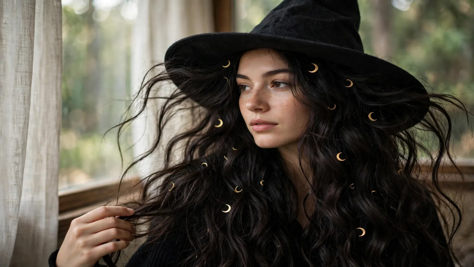 Witchy hairstyles — model with long dark waves and moon hair pins under a witch hat